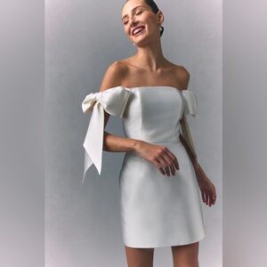 Alexia Maria Isabella Silk&Wool Mini Dress Off Shoulder Bow Sleeve Bridal White